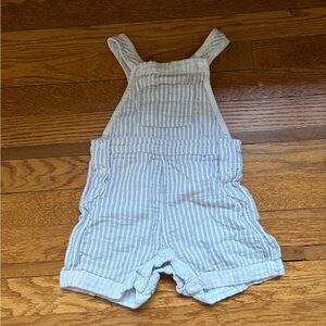 Petit Bateau Cream and Light Gray Striped Cotton Baby Overalls